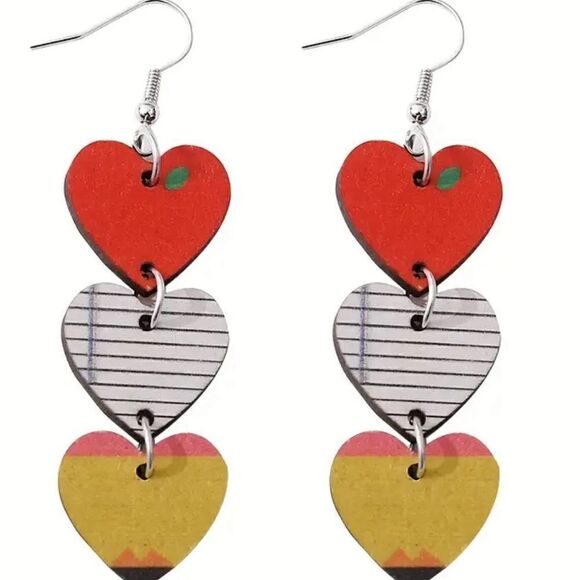 NWT Dangle Earrings Wood 3 Tier Hearts Teacher Education Pencil Paper Educator - Picture 3 of 3